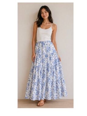 Tiered Blue Floral Maxi Skirt - White & Blue